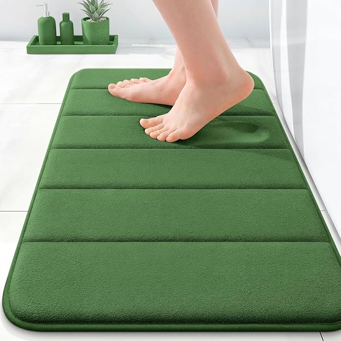 OLANLY Memory Foam Bath Mat 35x16, Super Soft and Absorbent Bathroom Rugs | Olive Green, Quick Dry Bath Rug, Machine Washable Shower Floor Mats, Bathmat Carpet for Bathroom Floor, Tub and Shower