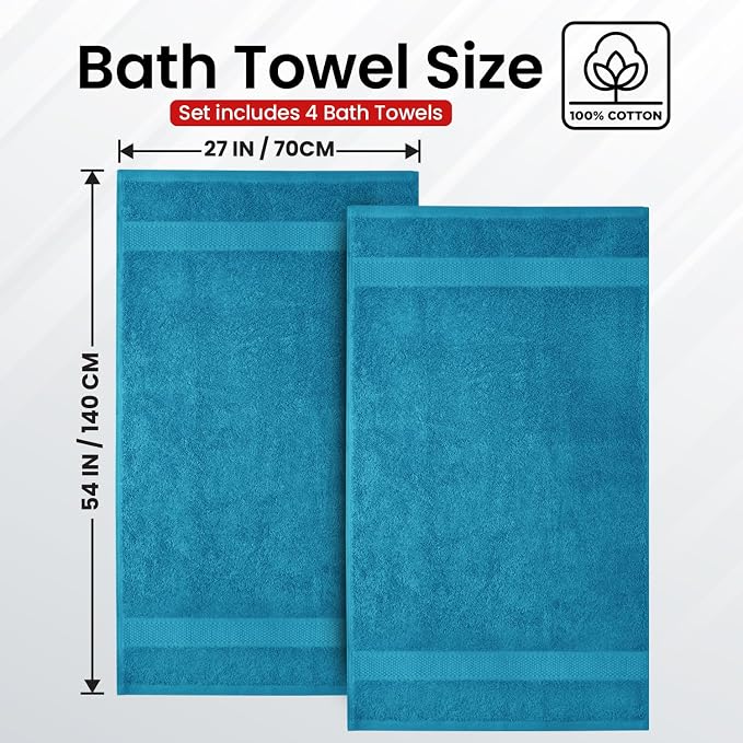 Infinitee Xclusives 100% Ring-Spun Cotton Bath Towels for Bathroom - Pack 4 | Luxury Super Soft, Absorbent & Quick-Drying |27x54 inches| Large Bathroom Towels Set |600 GSM| Gym, Shower, Spa & Hotel Use
