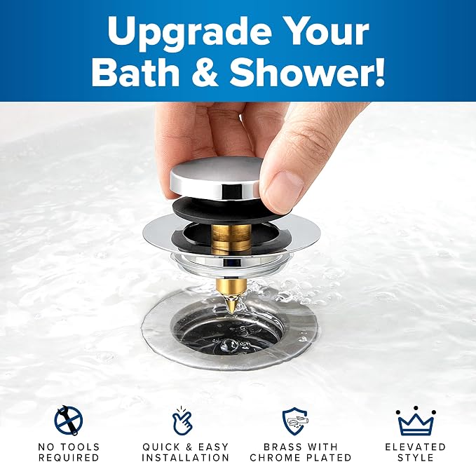 Tub Daddy Pro Universal Bathtub Drain Stopper – ClickLock Seal, Hair Catcher, Easy Install, Chrome & Nickel Finish