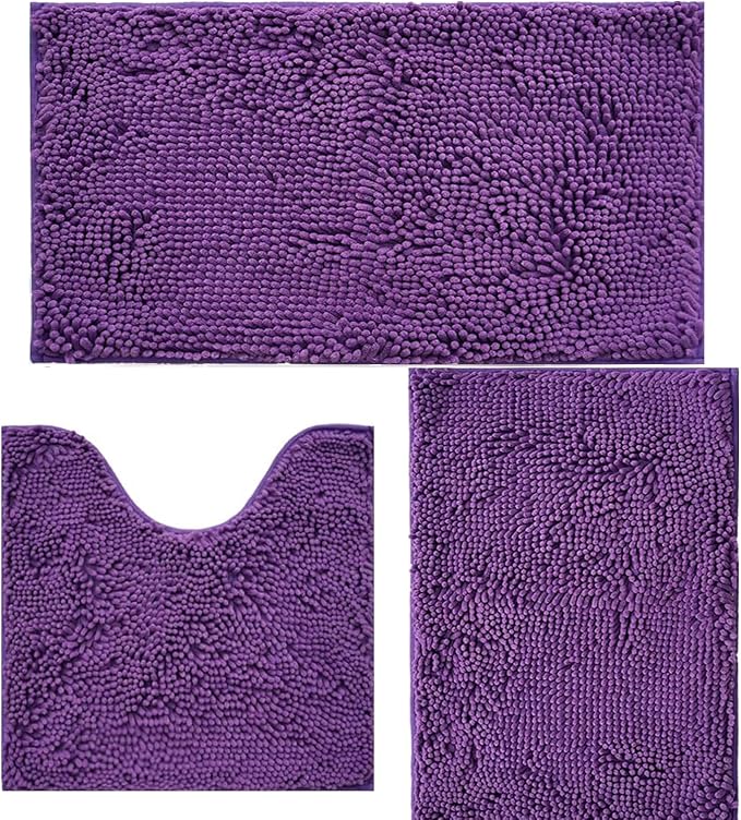 Bathroom Rugs Sets 3 Piece Non Slip,Bath Rugs with PVC Backing Bath Carpet,Bathroom Rug Washable,Absorbent,Plush Carpet Mats,Bath Mats for Bedroom, Kitchen,Tub,Home Decor (Purple)