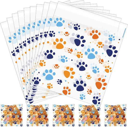 Pasimy 200 Pcs Paw Plastic Bags Pet Cellophane Bags Self-adhesive Clear Treat Pouches for Pet Dog Theme Party Supplies Decor(Blue Orange)