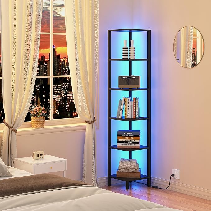 TUTOTAK Corner Shelf with LED Light, 6-Tier Corner Bookshelf for Small Space, Narrow Display Corner Shelf Stand with Storage Rack, for Living Room, Bedroom, Black BS08BK006L