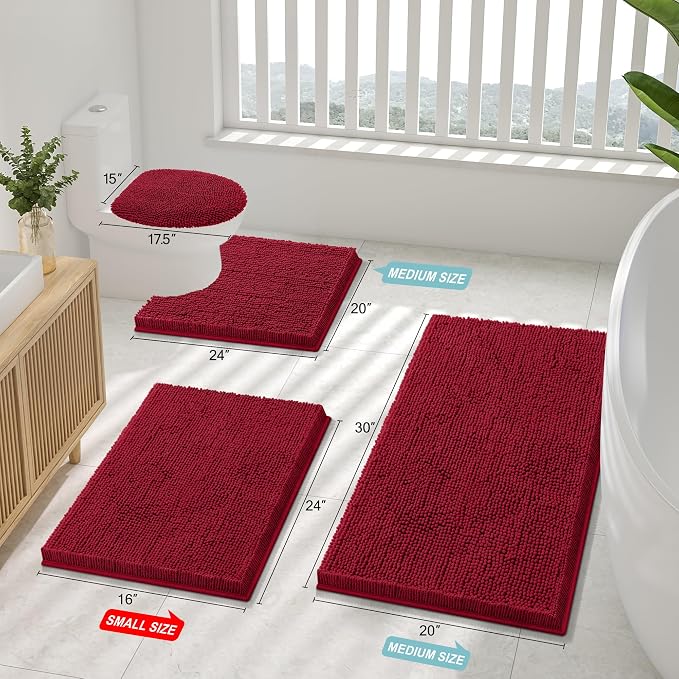 Smiry Chenille Bathroom Rugs Sets 2 Piece (30x20+24x16, Red) | Soft Absorbent Machine Washable Non Slip Shaggy Bath Rug Set for Tub, Shower, and Floor, Home Decor