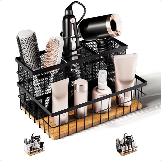 HB Design Co. Hair Tool Organizer - Countertop & Under Sink - Breathable Metal & Bamboo - Hot Hair Tools Organizer - Black