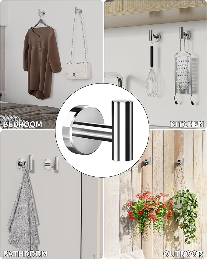 RARXTR Chrome Bathroom Towel Hook, Coat Robe Clothes Hook for Kitchen Garage Wall Mounted 4 Pack, 304 Stainless Steel, Heavy Duty Door Hanger, Cabinet Closet Wall Hook for Hotel Pool (Polished Chrome)