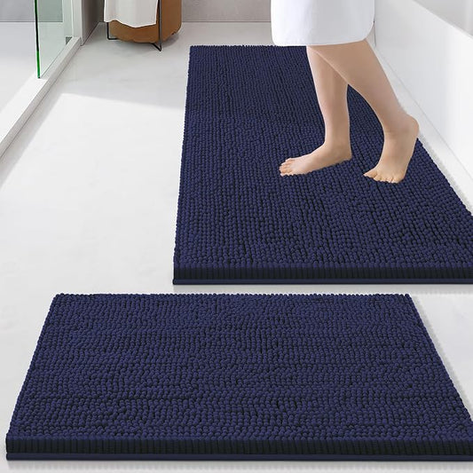Smiry Chenille Bathroom Rugs Sets 2 Piece (34x21+24x16, Navy Blue) | Soft Absorbent Machine Washable Non Slip Shaggy Bath Rug Set for Tub, Shower, and Floor, Home Decor