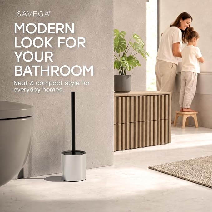 Toilet Bowl Brush and Holder Set for Bathroom – Silver | Stainless steel toilet brush set with enclosed holder and built-in splash guard for deep bathroom cleaning in silver