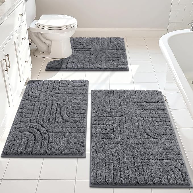Vaukki Grey Bathroom Rugs Sets 3 Piece, 32x20+26x18+24x20 Inch | Washable Non Slip Soft Bath Mats for Shower and Tub, Plush Absorbent Microfiber Toilet Rug U Shaped