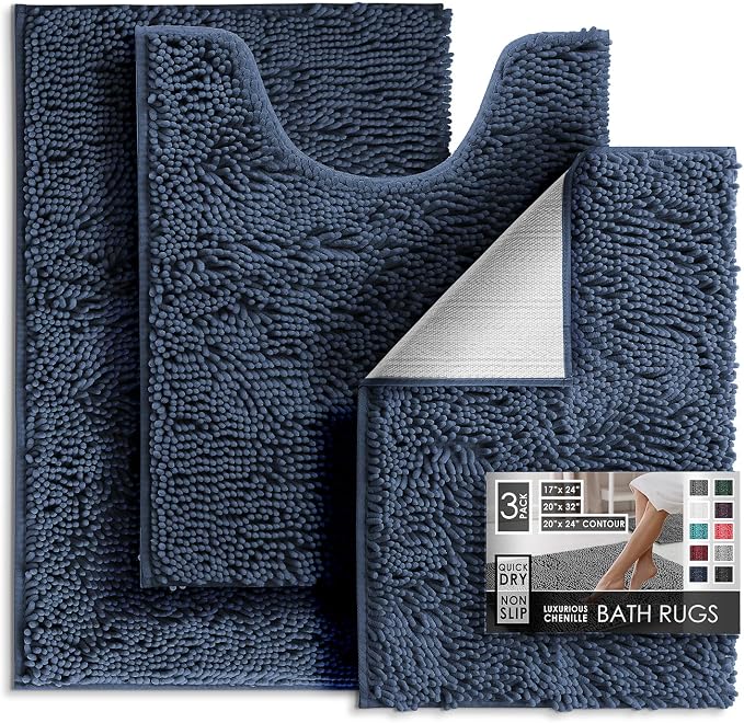 Hearth & Harbor Bathroom Rugs, Chenille Bath Mat - Machine Washable Bath Mats for Bathroom Non-Slip Backing Rubber, Quick Dry Mat - Navy Blue Bath Rug, 17x24-20x32-20x24