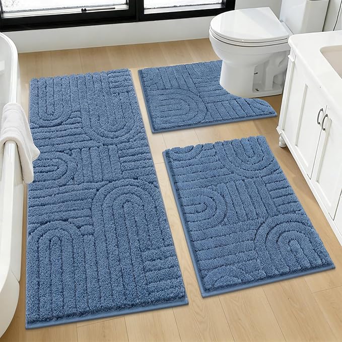 Vaukki Blue Bathroom Rugs Sets 3 Piece, 48x20+26x18+24x20 Inch | Washable Non Slip Soft Bath Mats for Shower and Tub, Plush Absorbent Microfiber Toilet Rug U Shaped