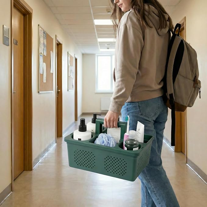 KMV Dorm Room Portable Shower Caddy with Adjustable Compartments - Ventilated Drainage Design with Handles, Perfect Toiletries Organizer for College Dorms-green
