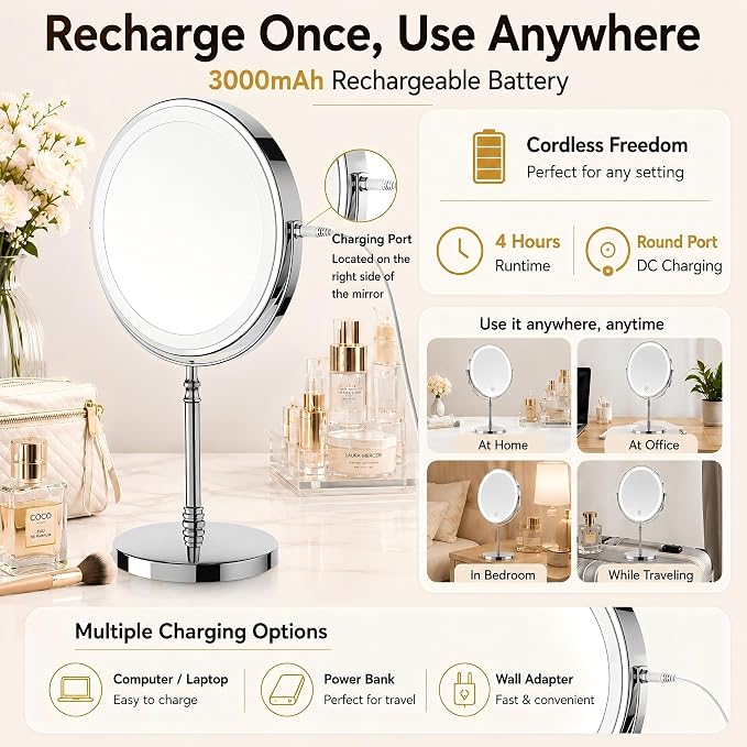 DEIOVWXS Makeup Mirror, Rechargeable Vanity Mirror with 3 Lights, 1X/10X | Adjustable Brightness, 3000mAh, Double-Sided, Gift for Mom, Women, Wife, Girls, Dorm Room Essential