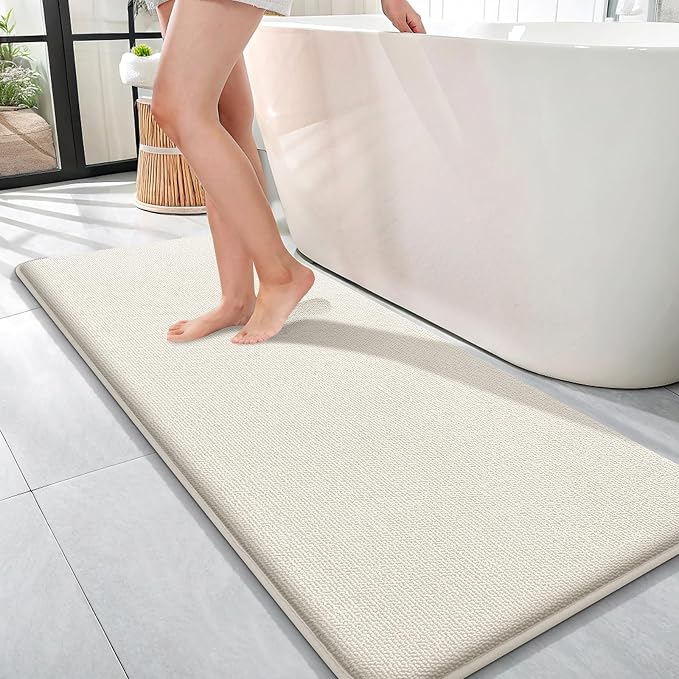 OLANLY Memory Foam Bathroom Runner Rugs 47x17, Absorbent Long Mat, Ivory | Soft Quick Dry Bath Rugs, Non-Slip Carpet, Machine Washable Mat for Bathroom Floor, Tub and Shower, Home Decor Accessories