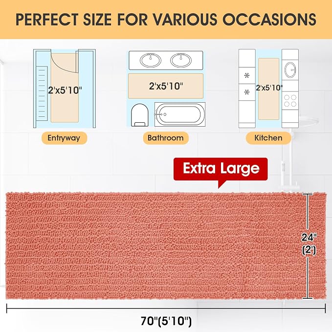 ACCUMTEK Extra Long Upgrade Luxury Coral Bathroom Rug Mat 70"x24", Ultra Soft Thick Absorbent Bath Mats, Non Slip Chenille Toilet Mat for Bathroom, Bedroom, Kitchen, Shower, Tub