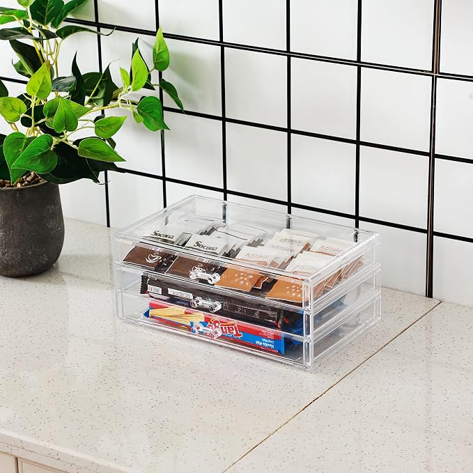 Cq acrylic Drawer Organizer with 3 Long Drawers,Stacking Office Supply Organizer and Desk Pen Storage and Stationary Organizer,Clear Makeup Storage Organizer for Palettes,Cosmetic, Beauty for Vanity