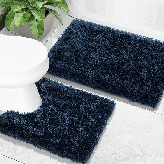 Yimobra Bathroom Rugs Sets 2 Piece, Soft Absorbent Bath Mat and U-Shaped Toilet Rug with Non Slip Backing, Luxury Shaggy Bath Mats for Bathroom, Machine Washable, 31.5"x20"+24"x20", Peacock Blue