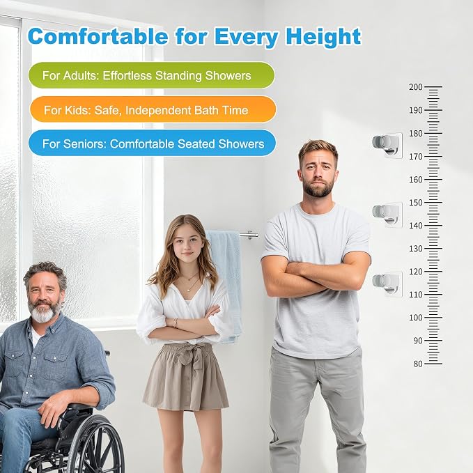 Hibbent 2 Pack Shower Head Holder - Strong Adhesive, Waterproof, Height Adjustable, Wall Mount, No Drilling, Chrome Finish