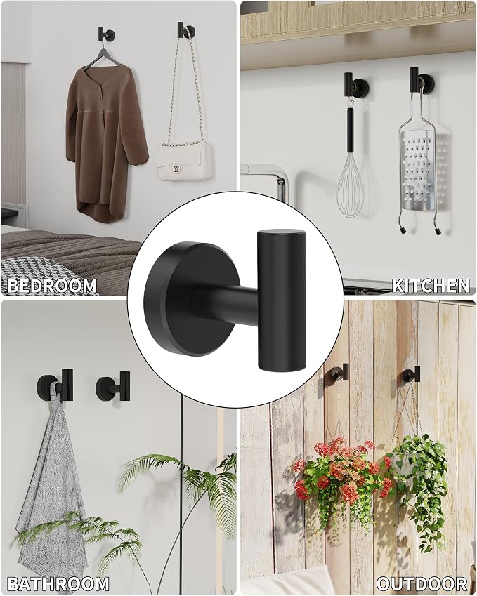RARXTR Black Bathroom Towel Hook, Coat Robe Clothes Hook for Kitchen Garage Wall Mounted 4 Pack, 304 Stainless Steel, Heavy Duty Door Hanger, Cabinet Closet Wall Hook for Hotel Pool (Matte Black)