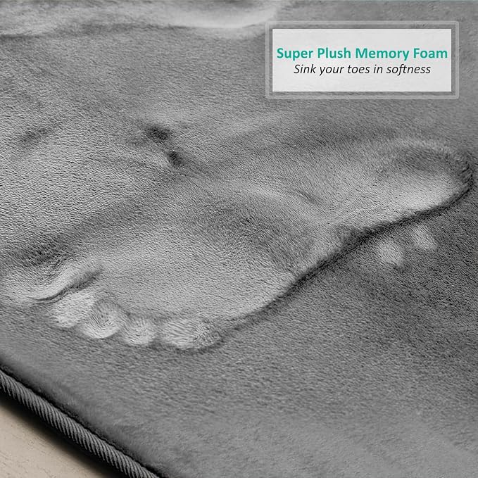 Clara Clark 2 Piece Bathroom Rugs, Velvet Memory Foam Bath Mat Set, Non-Slip Bath Rugs, Machine Wash, Dries Quickly, Ultra Soft Plush Bath Mats for Bathroom, 20 x 32 + Contour, Grey