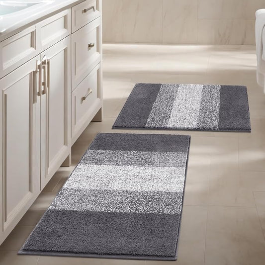Vaukki Luxury Soft Bathroom Rugs Set of 2, Grey Non Slip Bath Floor Mat | Microfiber Shaggy Plush Absorbent Striped Washable Bath Carpet for Tub, Bathroom and Shower, 18''x26''+20''x32''