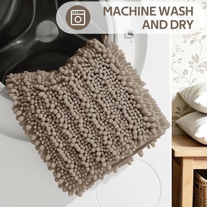 ACCUMTEK Upgrade Extra Large Dark Beige Bathroom Rug Set 3 Pieces Gray Ultra Soft, Thick Absorbent Bath Mats, Non Slip Chenille Toilet Mat Bathroom, Bedroom, Kitchen, Taupe