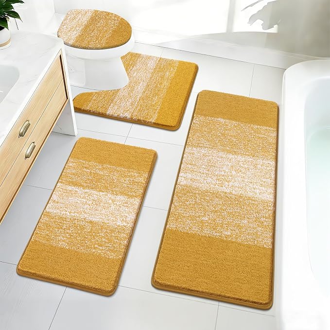 Bsmathom Bathroom Rug Set 4 Piece, Plush Microfiber Bath Mat, Mustard | Extra Water Absorbent, Non Slip Washable Runner Bath Rugs with Toilet Lid Cover and U-shaped Contour Toilet Mat