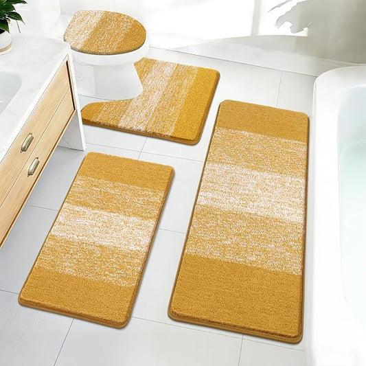 Bsmathom Bathroom Rug Set 4 Piece, Plush Microfiber Bath Mat, Mustard | Extra Water Absorbent, Non Slip Washable Runner Bath Rugs with Toilet Lid Cover and U-shaped Contour Toilet Mat