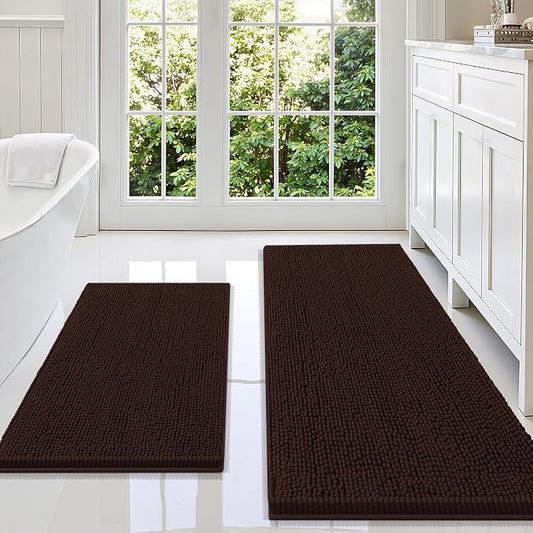 Smiry Chenille Bathroom Rugs Sets 2 Piece (59x20+30x20, Brown) | Soft Absorbent Machine Washable Non Slip Shaggy Bath Rug Set for Tub, Shower, and Floor, Home Decor