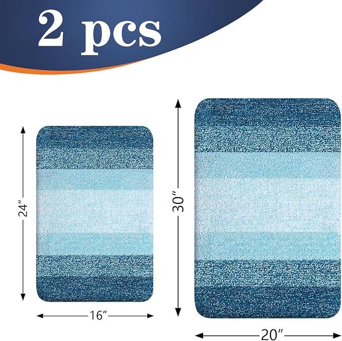 OLANLY Micorfiber Bathroom Rug Set 2 Piece, 30"x20"+24"x16" | Peacock Blue, Soft Absorbent Bath Rug Set, Non-Slip, Machine Wash Dry, Plush Shaggy Bath Mats for Bathroom