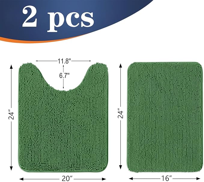 OLANLY Chenille Bathroom Rugs Sets 2 Piece, 24"x16"+24"x20", Olive Green | Soft Absorbent Bath Mat and U-Shaped Contour Toilet Rug Set, Quick Dry, Machine Washable Bath Carpet, Home Decor Accessories