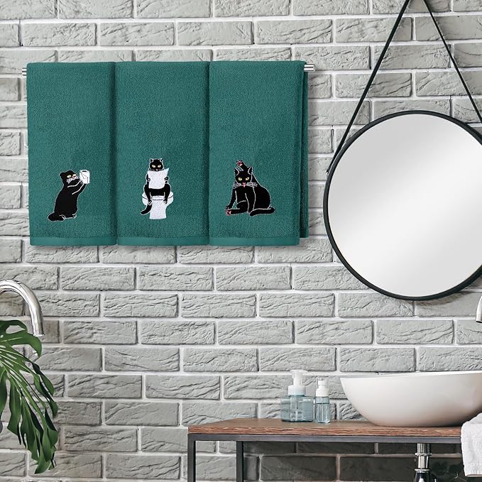 3 Pcs Cat Hand Towels for Bathroom Decor | Embroidered Black Cat Design, 100% Cotton, Halloween Bathroom Kitchen Decor, Absorbent Towels, Holiday Housewarming Gifts