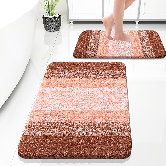 OLANLY Micorfiber Bathroom Rug Set 2 Piece, 30"x20"+24"x16" | Orange, Soft Absorbent Bath Rug Set, Non-Slip, Machine Wash Dry, Plush Shaggy Bath Mats for Bathroom