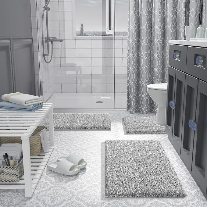 Yimobra Fluffy Bathroom Toilet Rug Set, 32x20+24x20, Light Gray and White | Soft Absorbent Microfiber Bath Mat Set, Non Slip, Machine Washable Quick Dry, Plush Shaggy Shower Rugs for Bathroom Floor