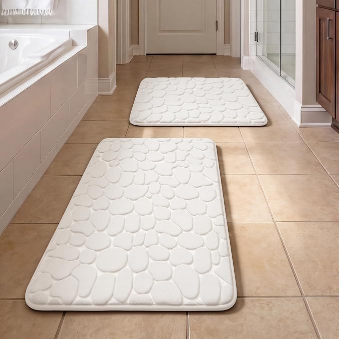 YIHOUSE Bathroom Rugs Mat Set, Memory Foam Bath Mat 2 Piece White | 17x24&20x32, Non Slip, Water Absorbent, Washable, Bath Mat For Bathroom, Sink and Toilet