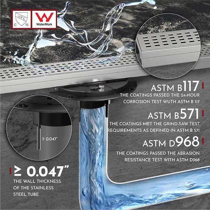 WEBANG 32 Inch Linear Shower Drain Rectangular Floor Drain with Accessories Square Hole Pattern Cover Grate Removable SUS304 Stainless Steel CUPC Certified Brushed
