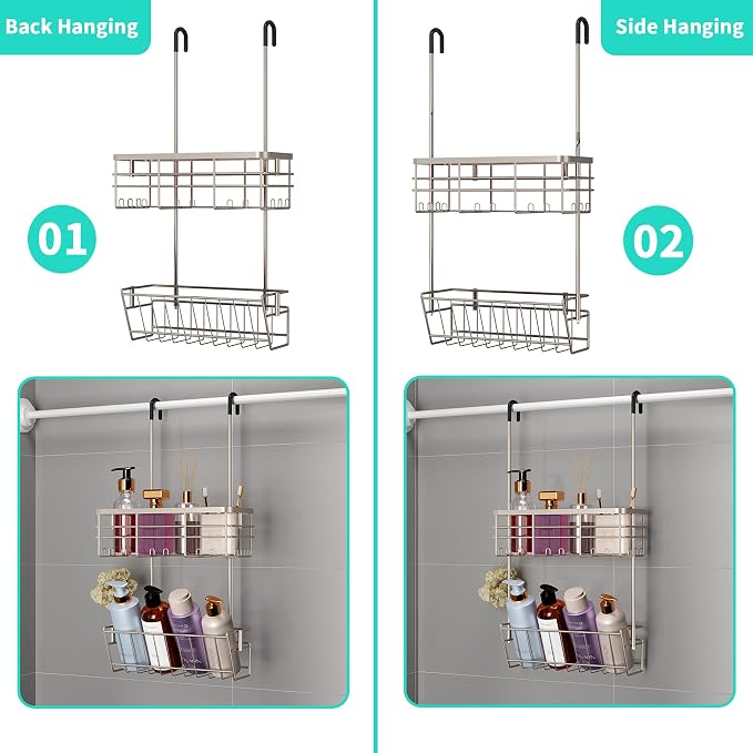 HapiRm Hanging Shower Caddy Organizer - No Drilling Shower Organizer with Inclined Shelf, Rustproof & Waterproof 304 Stainless Steel Bathroom Caddy - Brushed Nickel