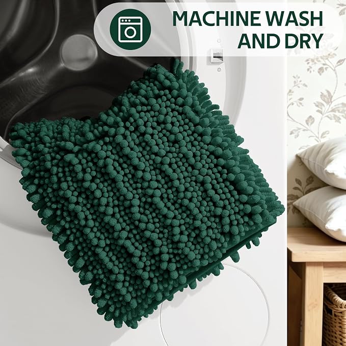 ACCUMTEK Upgrade Luxury 2 Piece Deep Green Toilet Bathroom Rug Mat 60"x20"+32"x20", Ultra Soft Thick Absorbent Bath Mats, Non Slip Chenille Toilet Mat for Bathroom, Bedroom, Kitchen, Shower, Tub