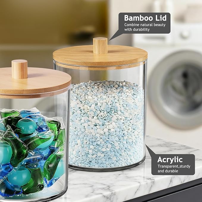 SheeChung 3 Pack 50oz Large Apothecary Jar with Natural Bamboo Lid - Shatterproof Laundry Pods Container for Laundry - Clear Plastic Storage Canister for Scent Beads & Bath Salts with Labels & Spoon