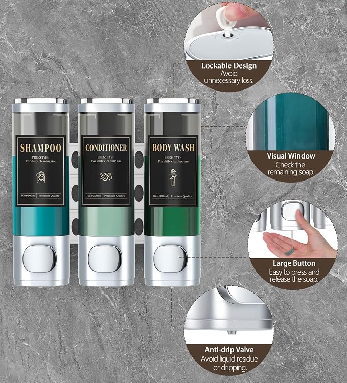 Luxspire Shampoo and Conditioner Dispenser, Shower Soap Dispenser 3-Chamber | Lockable Large Capacity 900ml No-Drill Wall-Mounted Shampoo and Body Wash Dispenser for Bathroom Hotel Kitchen Airbnb