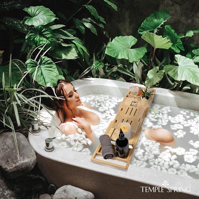 Temple Spring Foldable Bamboo Bathtub Tray Caddy for Tub — Expandable One-Piece Wood Bath Table with Wine Holder Book Stand and Non-Slip Pads — Space-Saving Bath Caddy — Housewarming