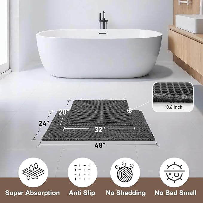 JIUZHEN Set of 2 Waffle Bath Mats Boho Bathroom Runner Rug 20"x32"+24"x48" | Black, Non Slip, Super Absorbent, Washable, Ultra Soft, Fast Drying Bath Rug and Bathroom Runner for Kitchen Hallway Laundry