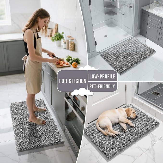 Yimobra Bathroom Rugs Sets 2 Piece - Quick Dry Extra Thick Luxury Chenille Bath Mat, Non Slip Super Absorbent for Tub Shower Sink, Machine Washable Shaggy Floor Mat, 32"x20"+24"x20" Inch, Grey