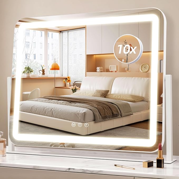 Vanity Mirror with Lights, 22"×17" LED Makeup Mirror | Smart Touch Control, Dimmable 3-Color Modes, Memory Function, 10X Magnifying Mirror, for Desk, Bedroom, Dressing