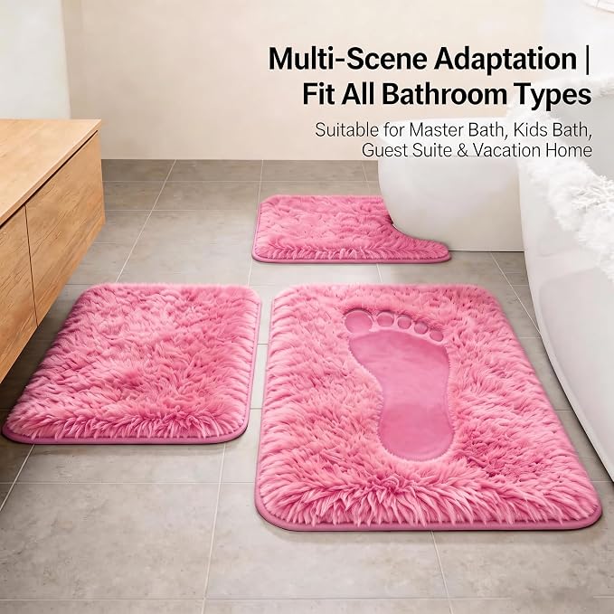 Shaggy Bathroom Rugs Set Plush Velvet Bath Rugs Non-Slip Bath Mat Set 3 Piece,Washable Mats,Absorbent Shaggy Rugs Super Soft U-Shaped Toilet Rug,Bahroom Carpets for Bathroom,Tub,Shower(Light Pink