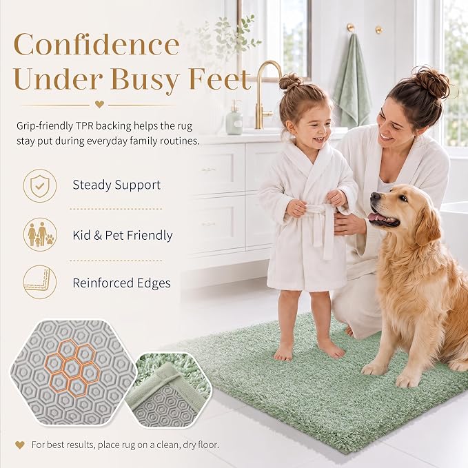 Yimobra Light Green and White Bathroom Rugs Non Slip Washable 36X24, Ultra Soft and Water Absorbent Bath Mats, Plush Fluffy Shower Mat Outside, Luxury Microfiber Thick Matts for Bathroom Floor/Tub