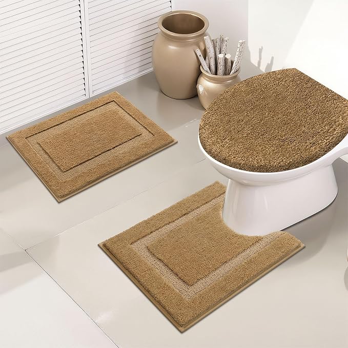 SHACOS Microfiber Bathroom Rugs Set of 3 with Toilet Lid Cover Non Slip | Washable Bath Mat Absorbent Bathroom Carpet 16"x24"+U Shape Toilet Rug 20"x24"+Toilet Lid Cover 19"x21", Mustard