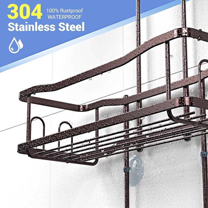 Hanging Shower Caddy Over Shower Head - No Drill Rustproof Shower Rack | Includes Soap Holder and Hooks for Shampoo, Conditioner, and Bathroom Essentials with Stable Storage in Any Shower Space
