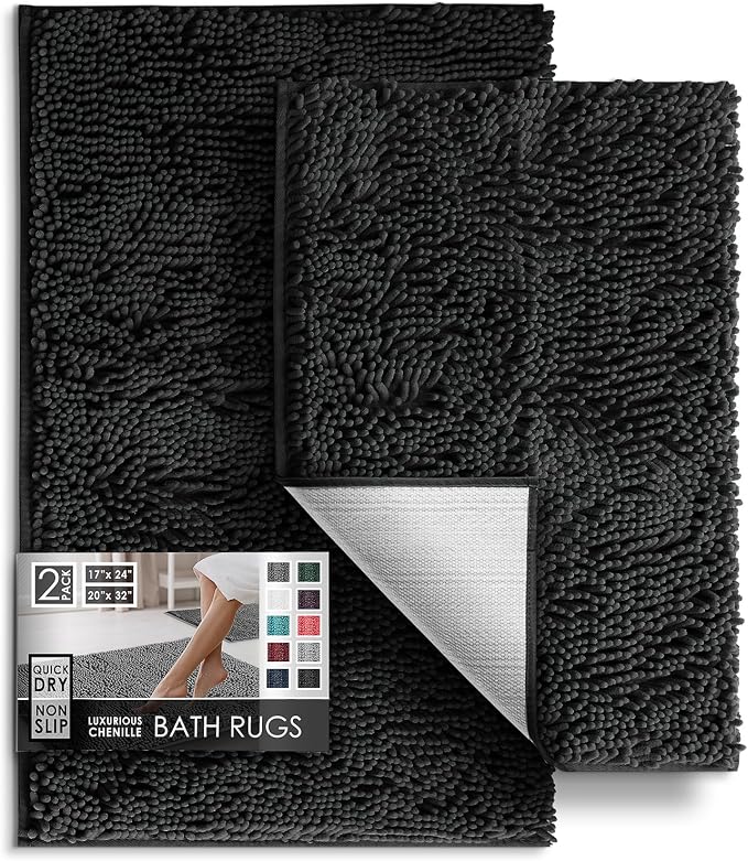 Hearth & Harbor Bathroom Rugs, Chenille Bath Mat - Machine Washable Bath Mats for Bathroom Non-Slip Backing Rubber, Quick Dry Bathroom Mat