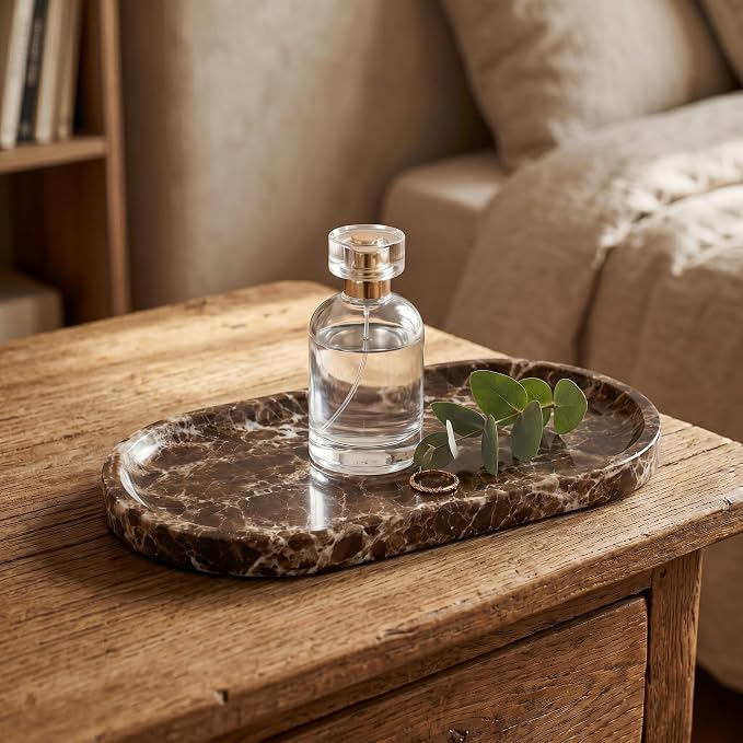 YKAJO Crystal Coffee Brown Oval Marble Tray, 9.8x4.7 Vanity Organizer Dish | Honed natural stone; jewelry & trinket dish, ring & key holder, soap & candle catchall; bath counter, dresser, coffee table