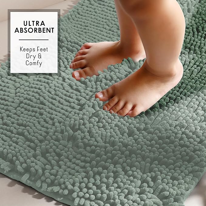 Hearth & Harbor Bathroom Rugs, Chenille Bath Mat - Machine Washable Bath Mats for Bathroom Non-Slip Backing Rubber, Quick Dry Bathroom Mat, 24 x 36 - Ice Green